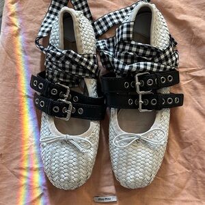 Miu Miu Black and White Woven Flats with Checkered Laces